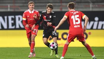 Union Berlin gegen Bayern München; Hinspiel (1:1); Grischa Prömel, Thomas Müller und Marius Bülter