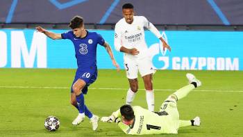 Real Madrid gegen FC Chelsea; Champions League; Hinspiel (1:1); Christian Pulisic, Éder Militão und Thibaut Courtois